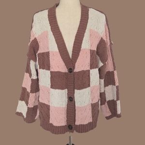 POL Button up Cardigan Sweater Pink Brown Beige Cable Knit Chenille Oversized M